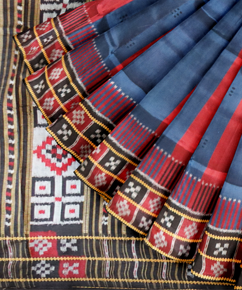 Carmine dark cerulean black maroon silk handloom khandua saree