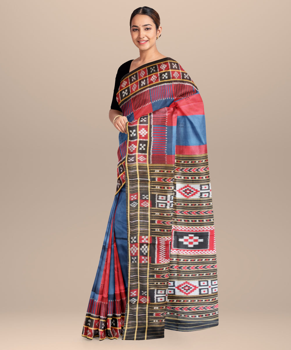 Carmine dark cerulean black maroon silk handloom khandua saree