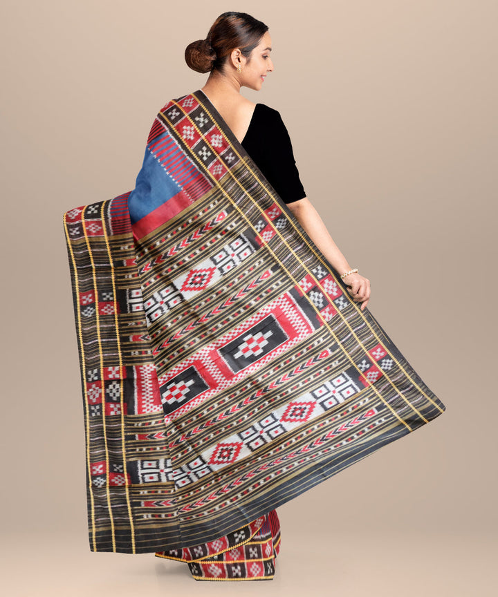 Carmine dark cerulean black maroon silk handloom khandua saree