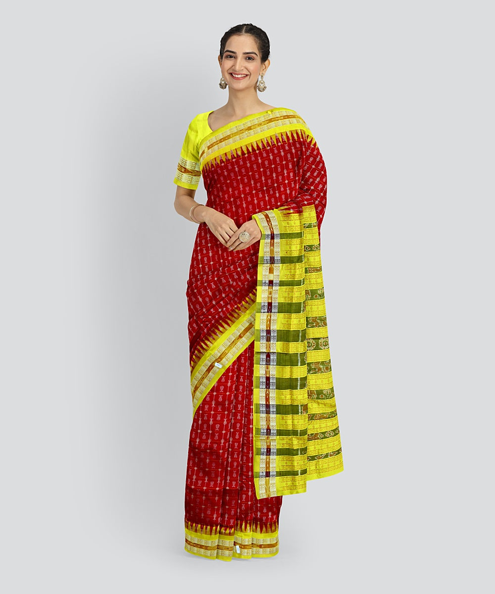 Maroon Deep Lemon Silk Handloom Bomkai Saree