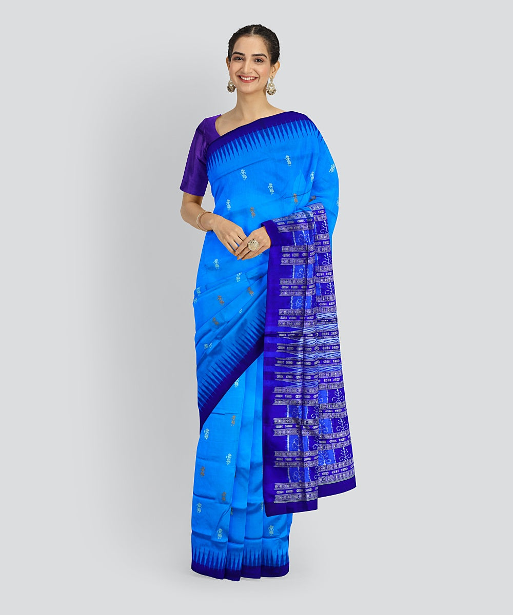 Cyan Blue Dark Blue Silk Handloom Bomkai Saree