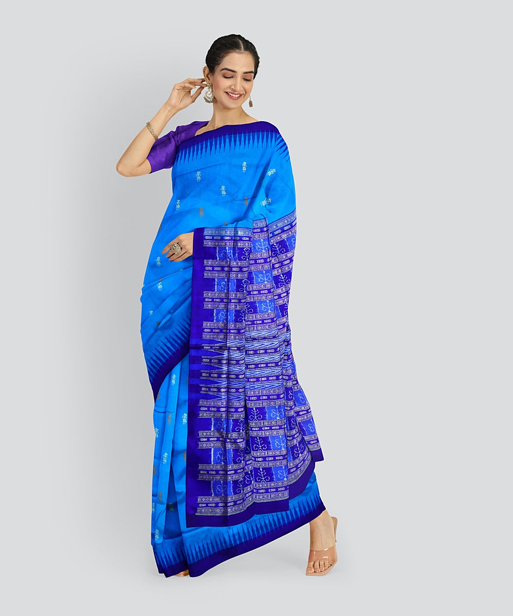 Cyan Blue Dark Blue Silk Handloom Bomkai Saree