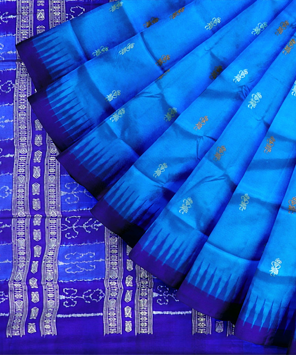 Cyan Blue Dark Blue Silk Handloom Bomkai Saree