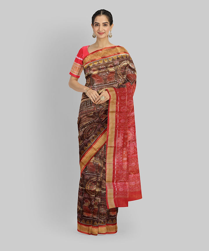 Brown Dark Red Silk Handloom Tissue Saree