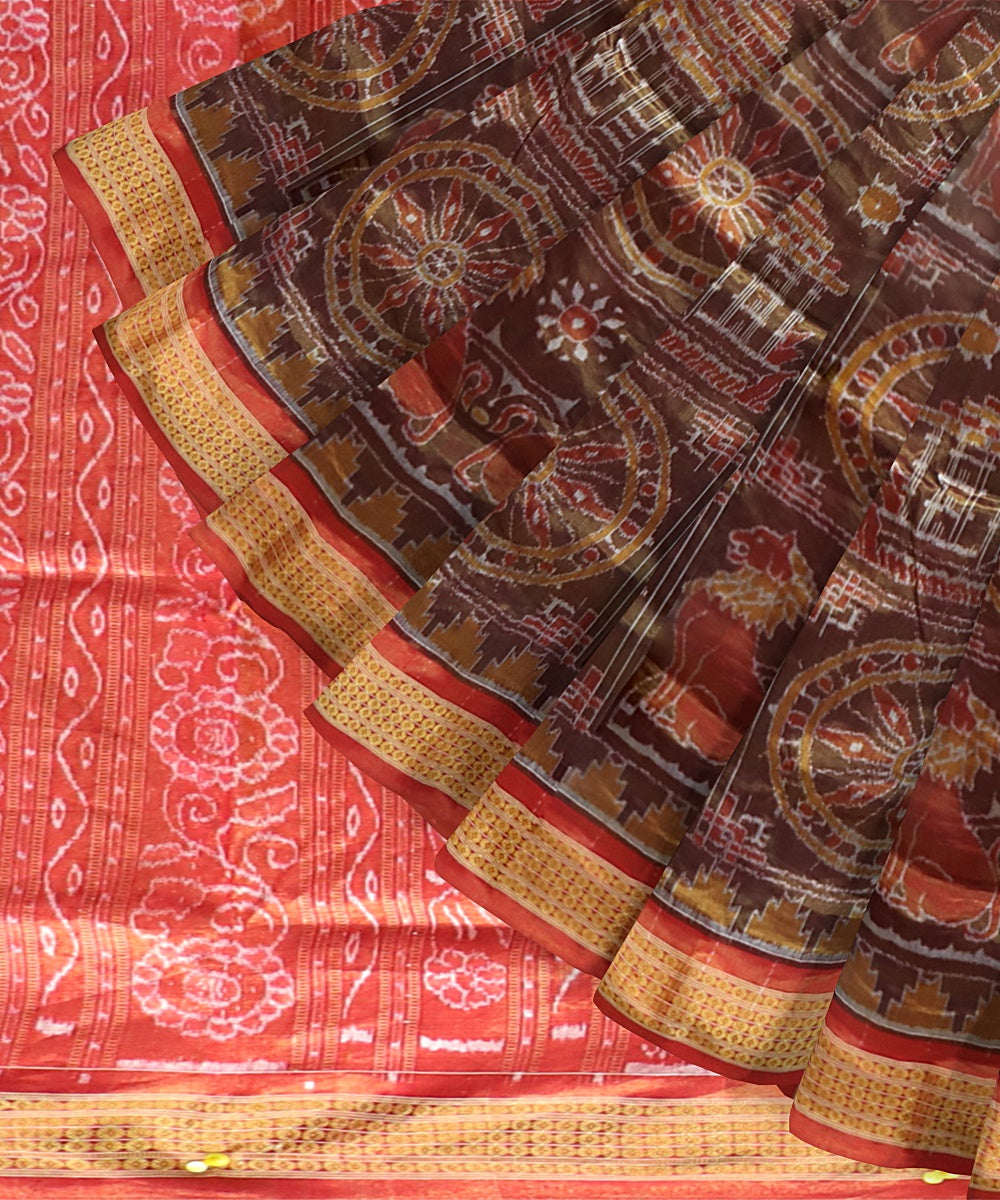 Brown Dark Red Silk Handloom Tissue Saree