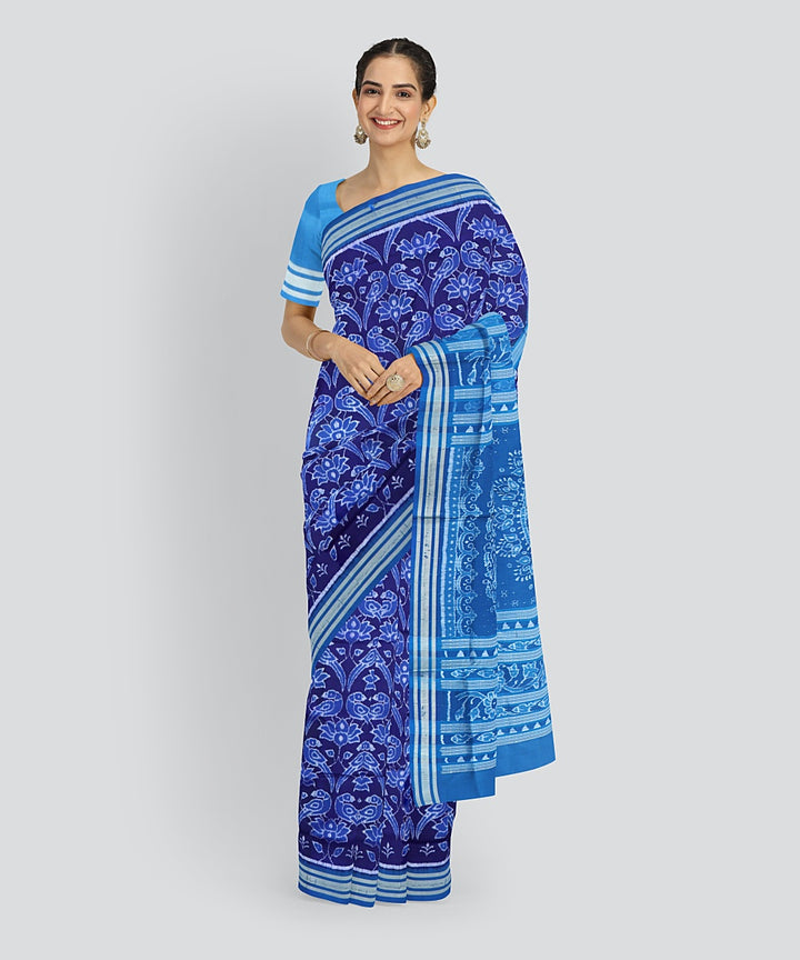Cyan Blue Dark Imperial Blue Silk Handloom Sambalpuri Saree