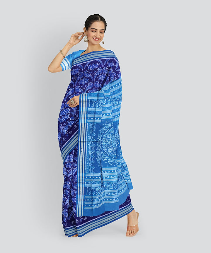Cyan Blue Dark Imperial Blue Silk Handloom Sambalpuri Saree