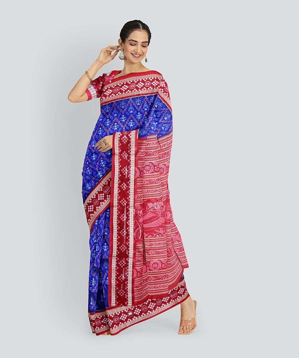 Cyan Blue Dark Red Silk Handloom Sambalpuri Saree