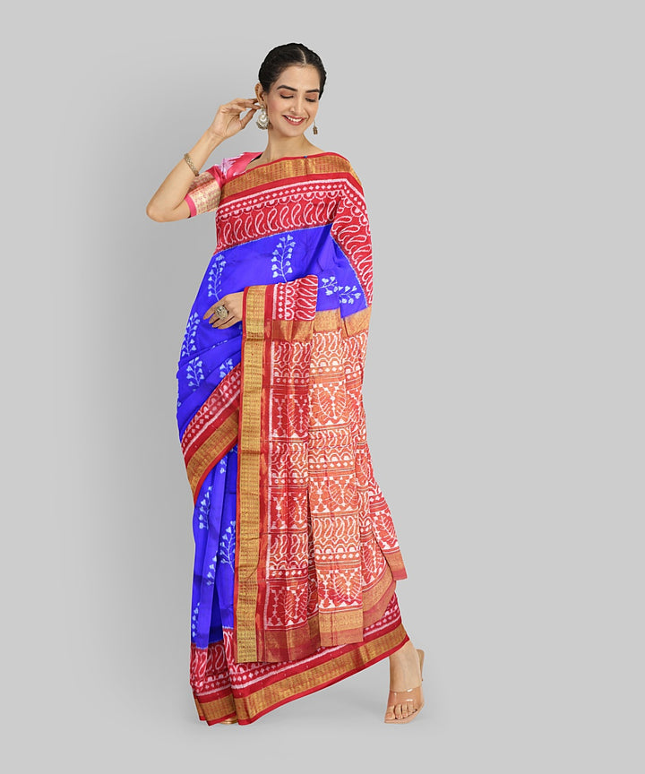 Navy Blue Dark Red Silk Handloom Sambalpuri Half Tissue Saree