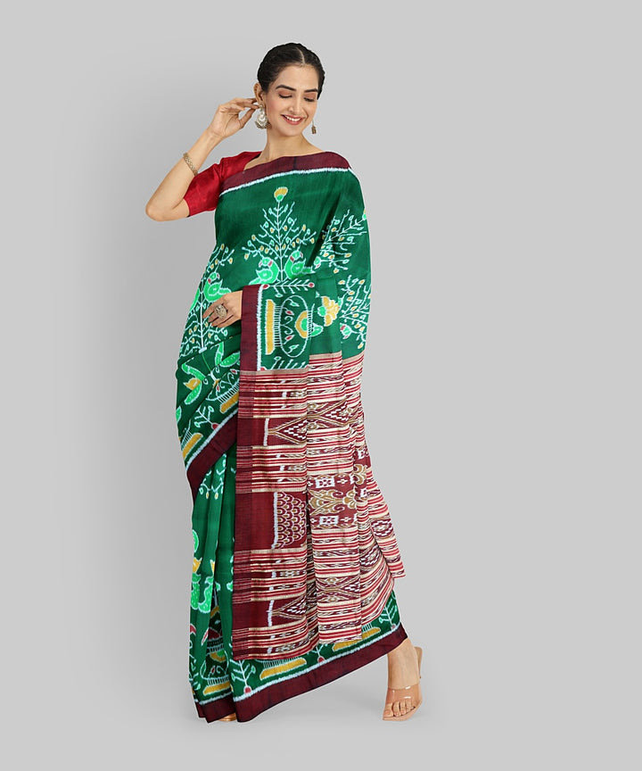Teal Green Maroon Silk Handloom Khandua Saree