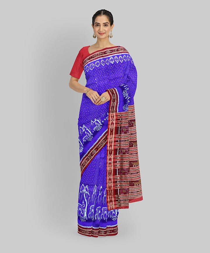 Cyan Blue Dark Red Silk Handloom Khandua Saree