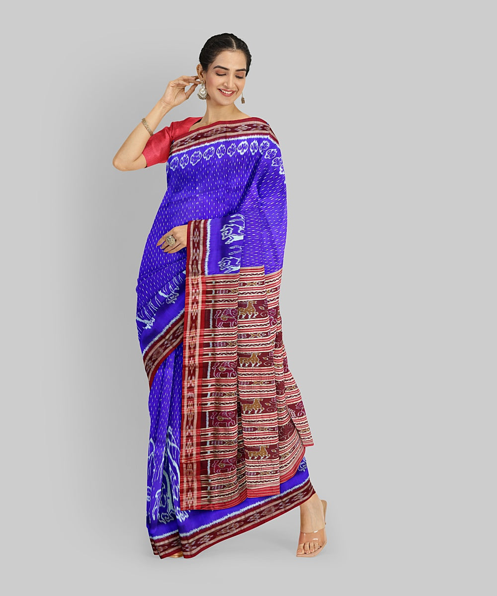 Cyan Blue Dark Red Silk Handloom Khandua Saree
