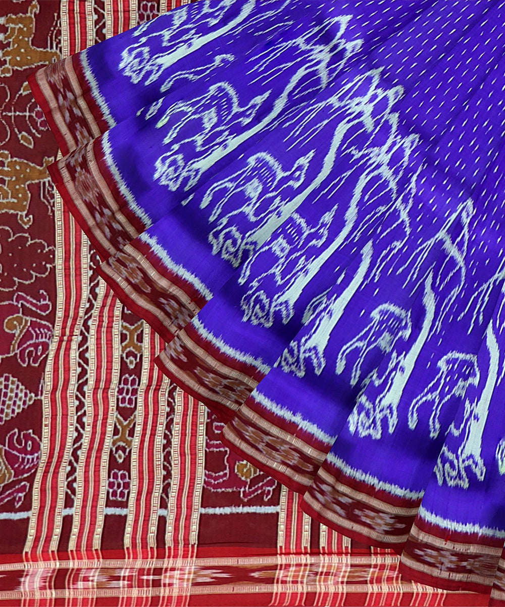 Cyan Blue Dark Red Silk Handloom Khandua Saree