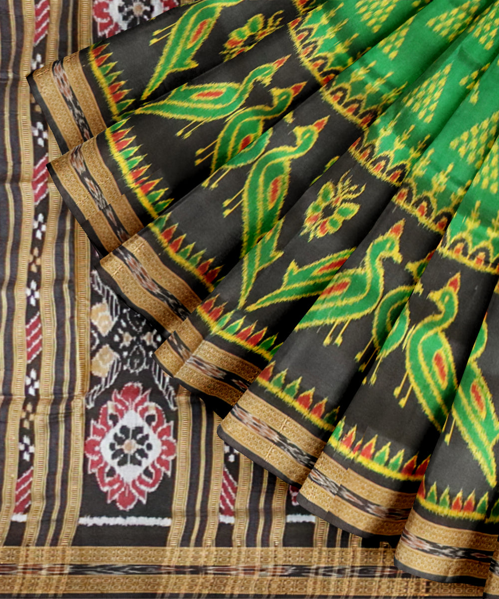 Dark green black silk handloom khandua saree