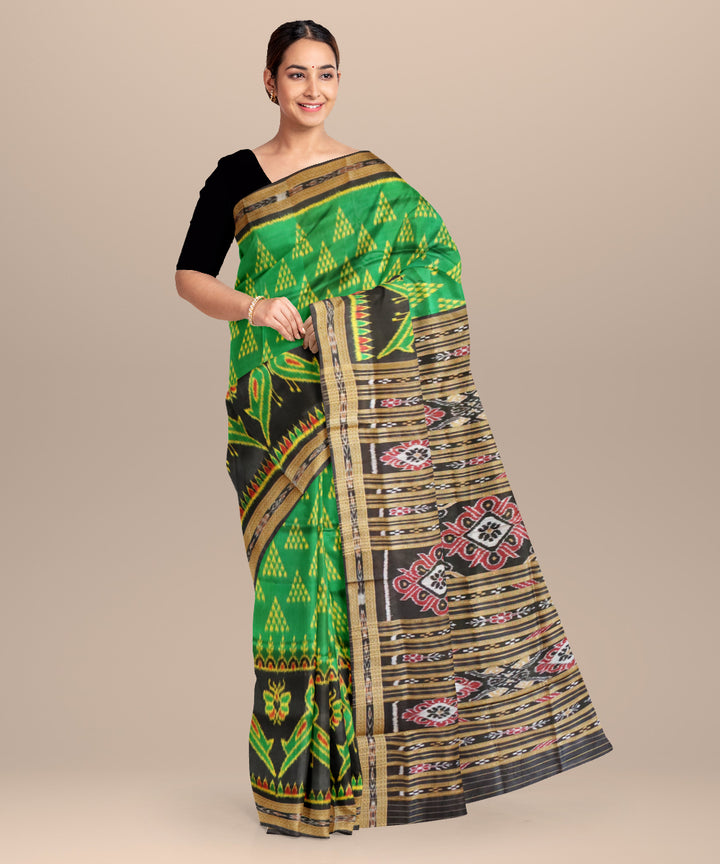 Dark green black silk handloom khandua saree