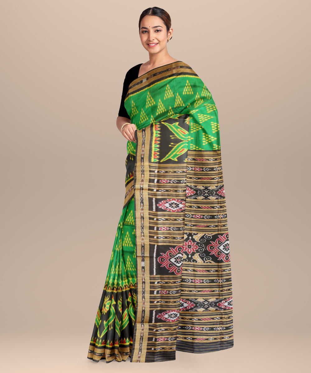 Dark green black silk handloom khandua saree