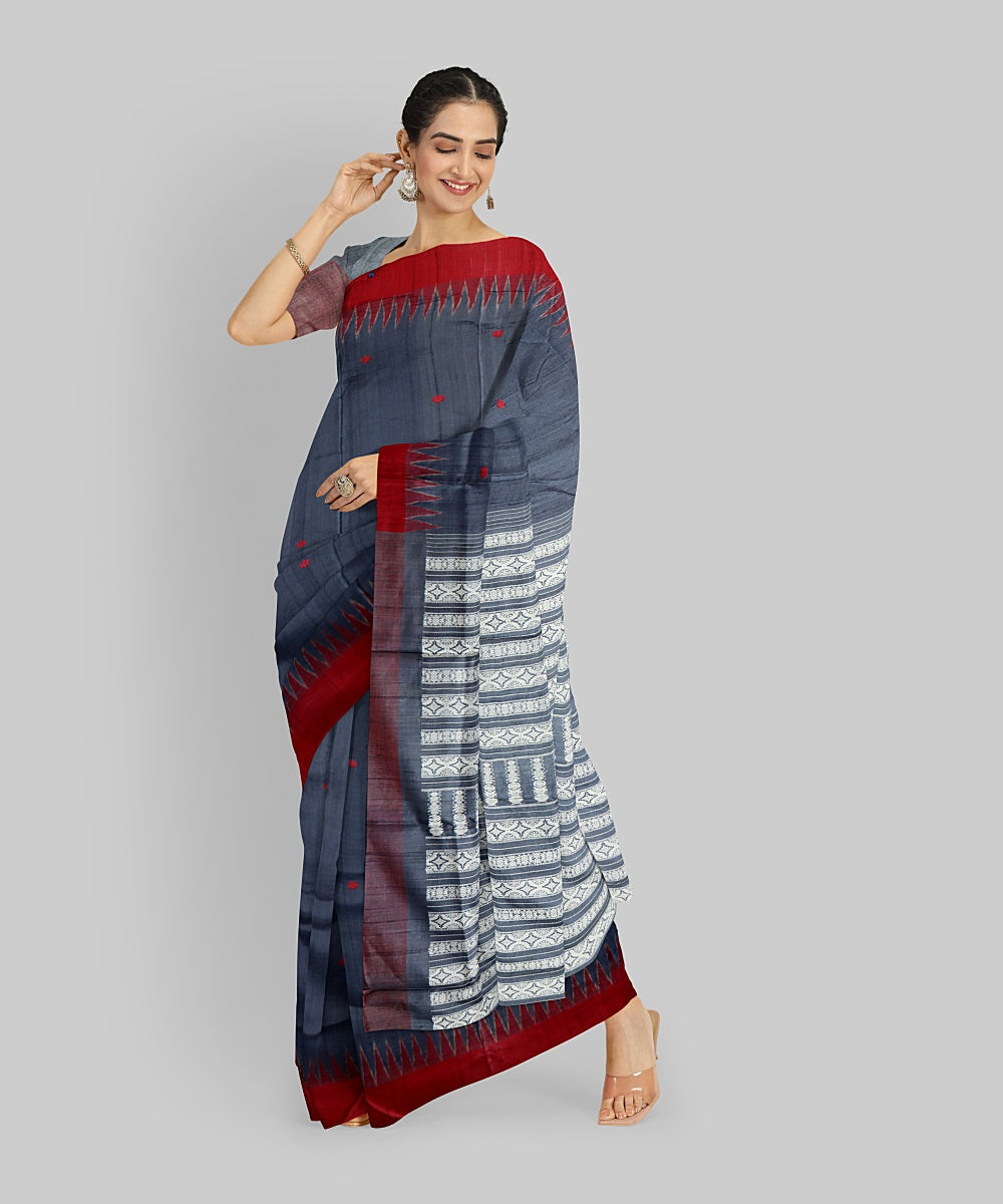 Grey Dark Red Silk Handloom Gopalpur Tussar Saree