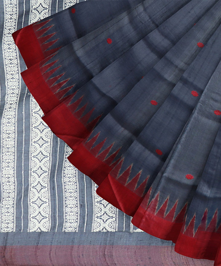 Grey Dark Red Silk Handloom Gopalpur Tussar Saree
