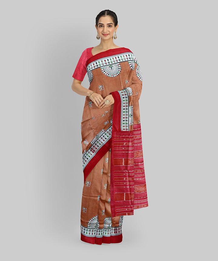 Peach Dark Red Silk Handloom Gopalpur Tussar Saree
