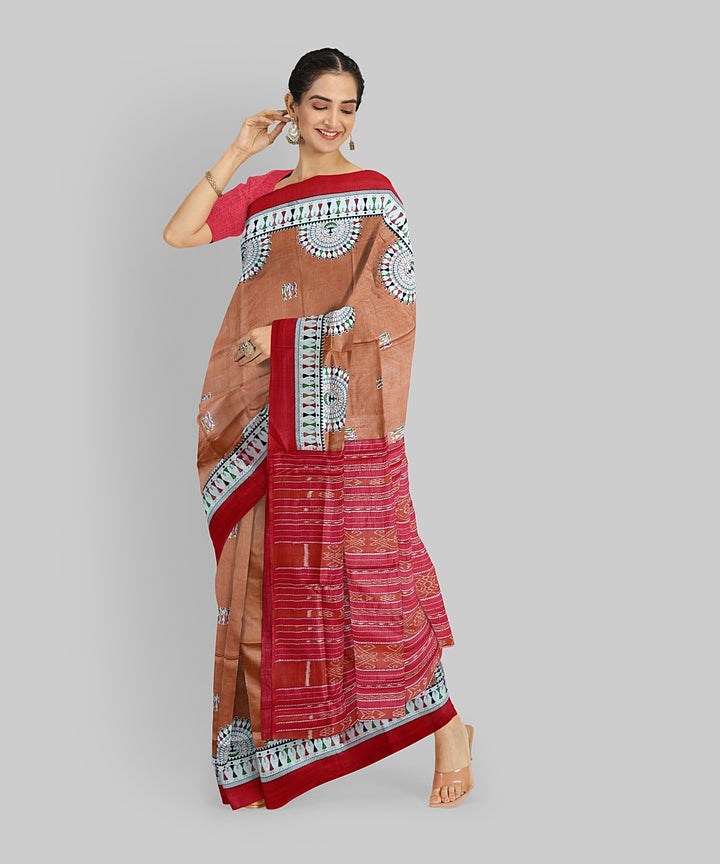 Peach Dark Red Silk Handloom Gopalpur Tussar Saree