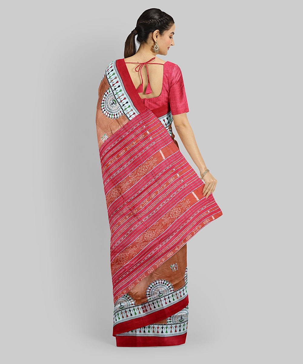 Peach Dark Red Silk Handloom Gopalpur Tussar Saree