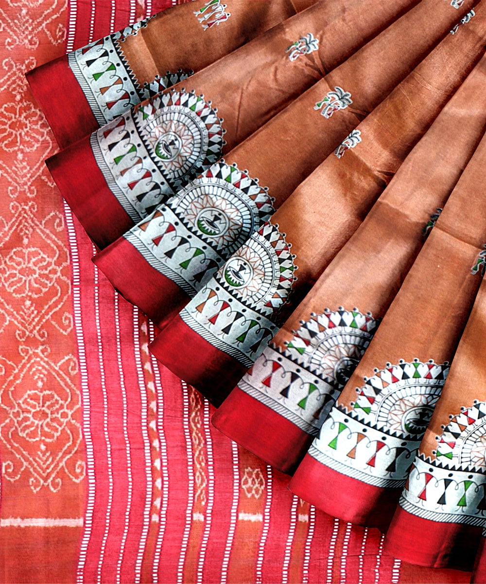 Peach Dark Red Silk Handloom Gopalpur Tussar Saree