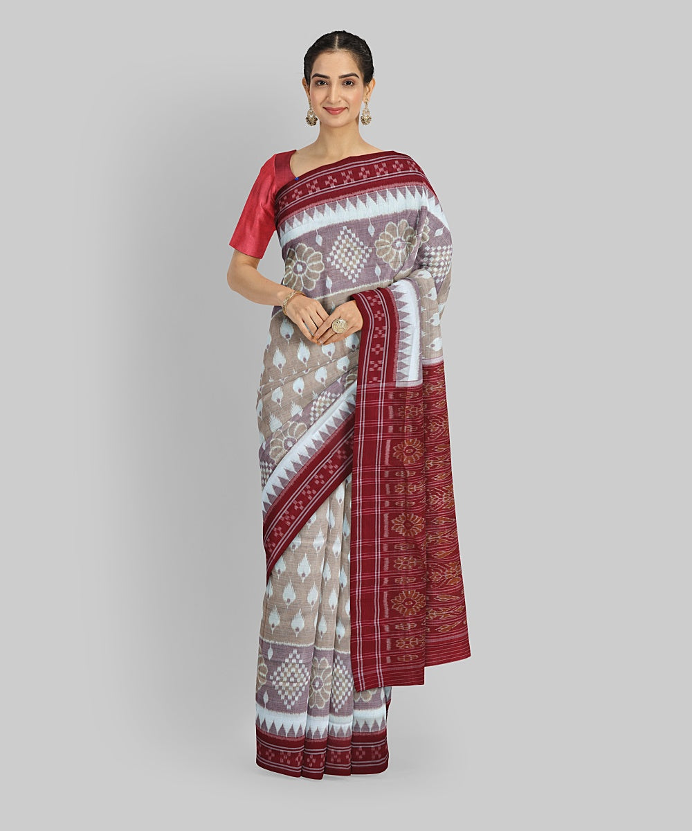 Beige Maroon Cotton Handloom Nuapatna Saree