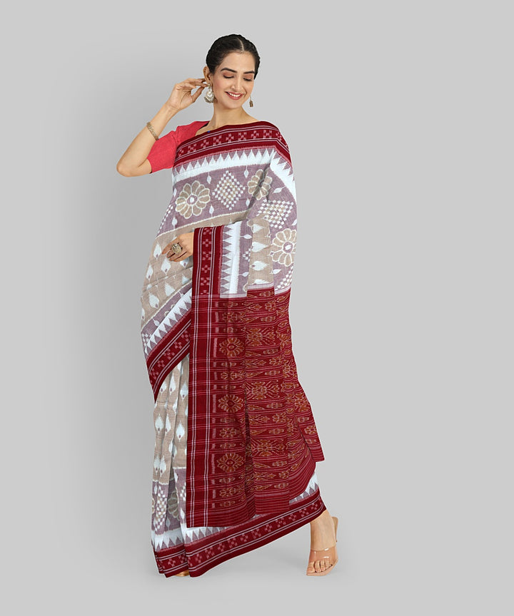Beige Maroon Cotton Handloom Nuapatna Saree