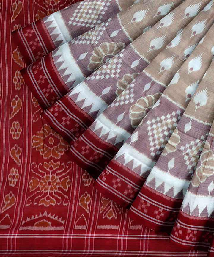 Beige Maroon Cotton Handloom Nuapatna Saree