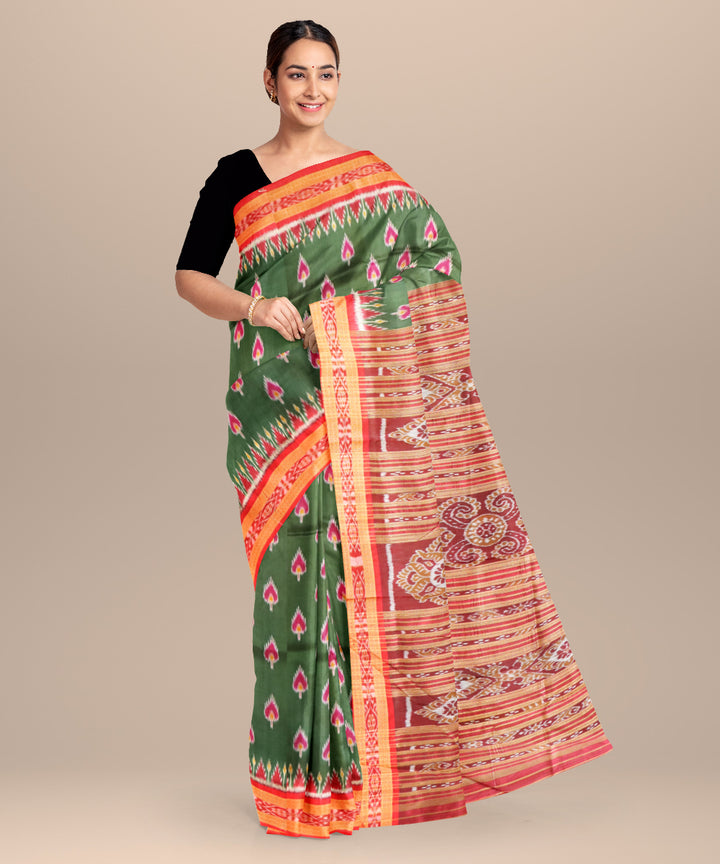 Deep moss green dark red silk handloom khandua saree