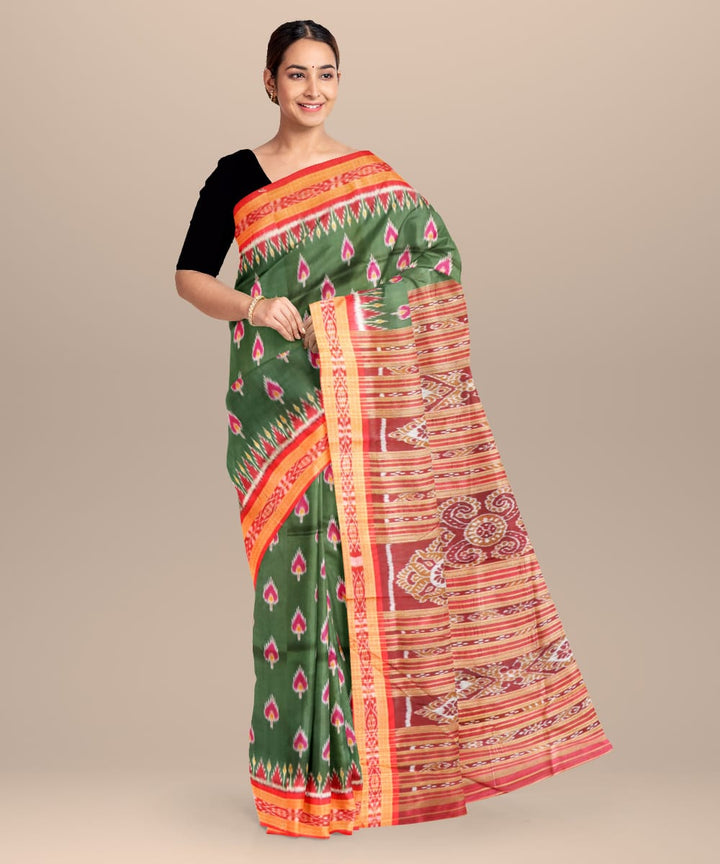 Deep Moss Green Dark Red Silk Handloom Khandua Saree
