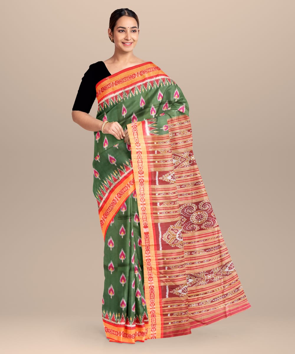 Deep moss green dark red silk handloom khandua saree