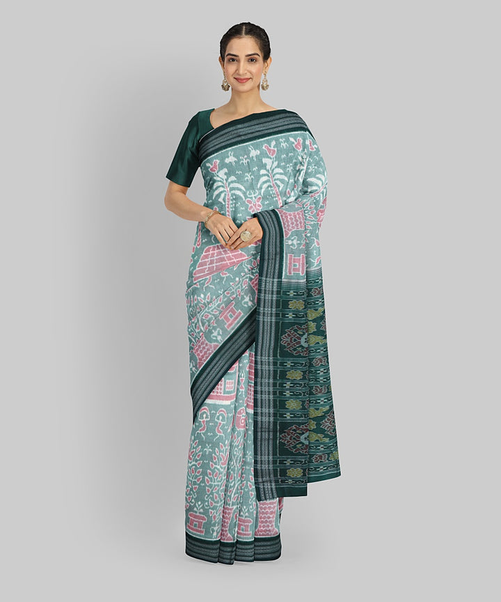 Grey Dark Green Cotton Handloom Nuapatna Saree