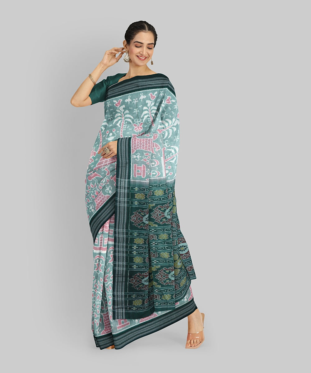 Grey Dark Green Cotton Handloom Nuapatna Saree