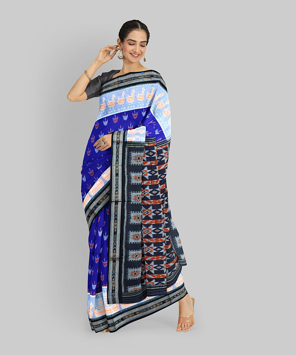 Cyan Blue Black Cotton Handloom Nuapatna Saree