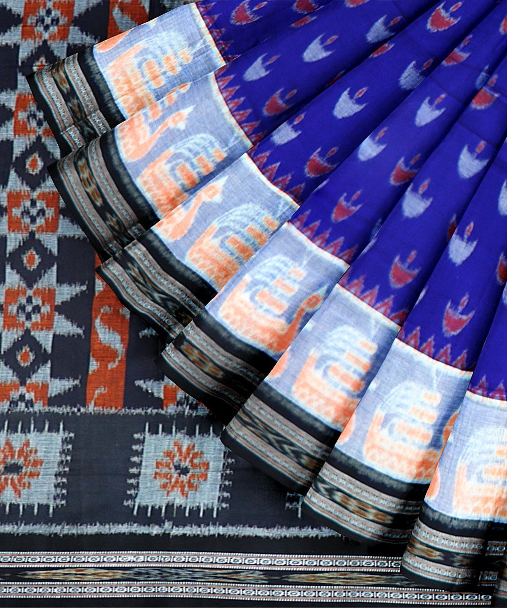 Cyan Blue Black Cotton Handloom Nuapatna Saree
