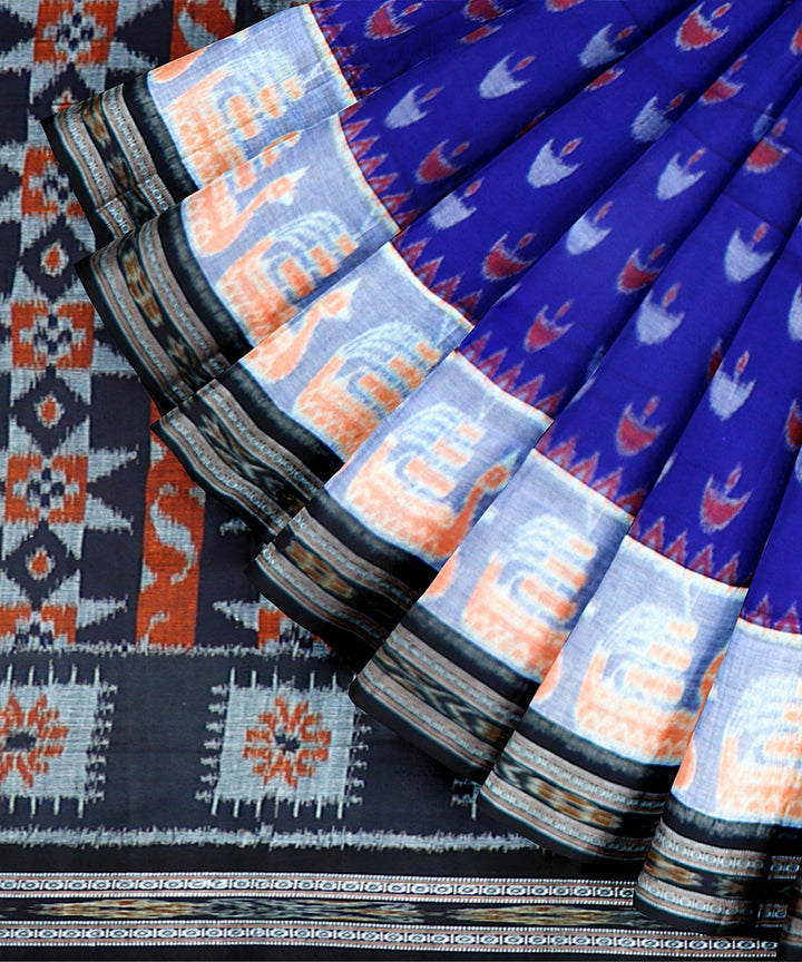 Cyan Blue Black Cotton Handloom Nuapatna Saree