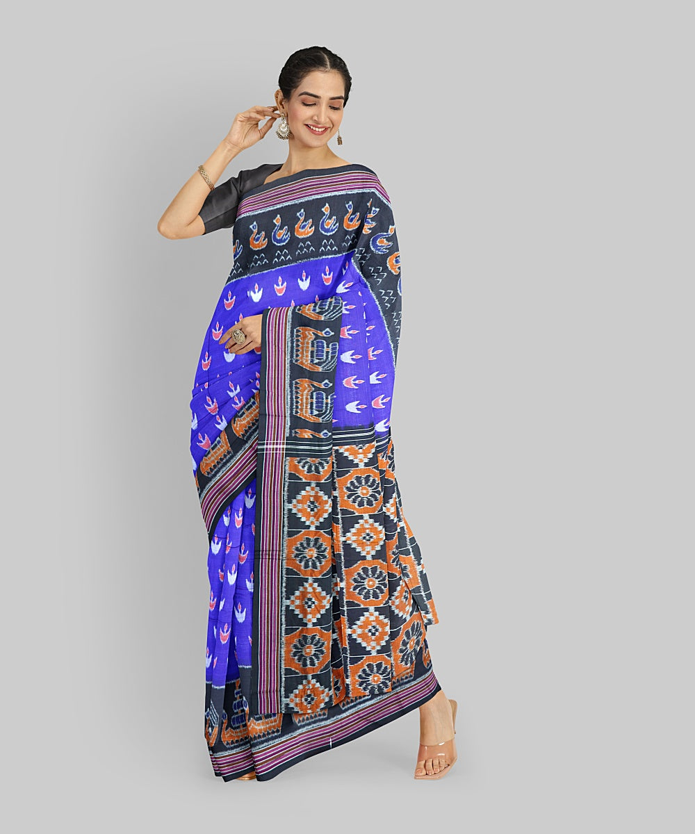 Cyan Blue Black Cotton Handloom Nuapatna Saree