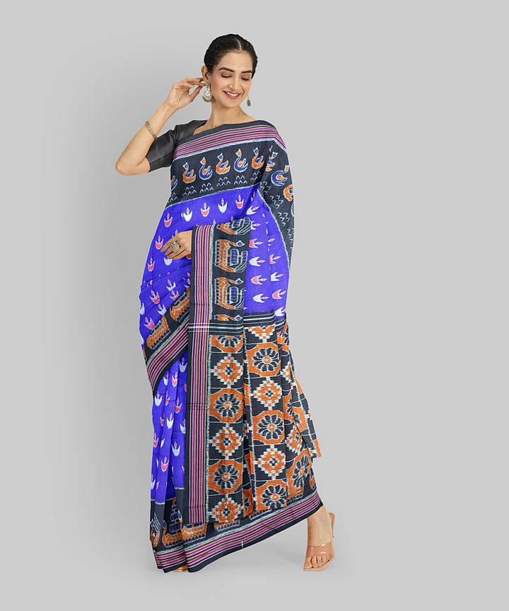 Cyan Blue Black Cotton Handloom Nuapatna Saree