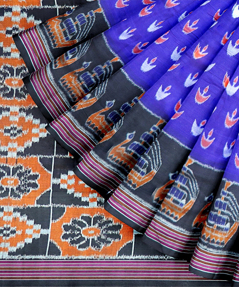 Cyan Blue Black Cotton Handloom Nuapatna Saree