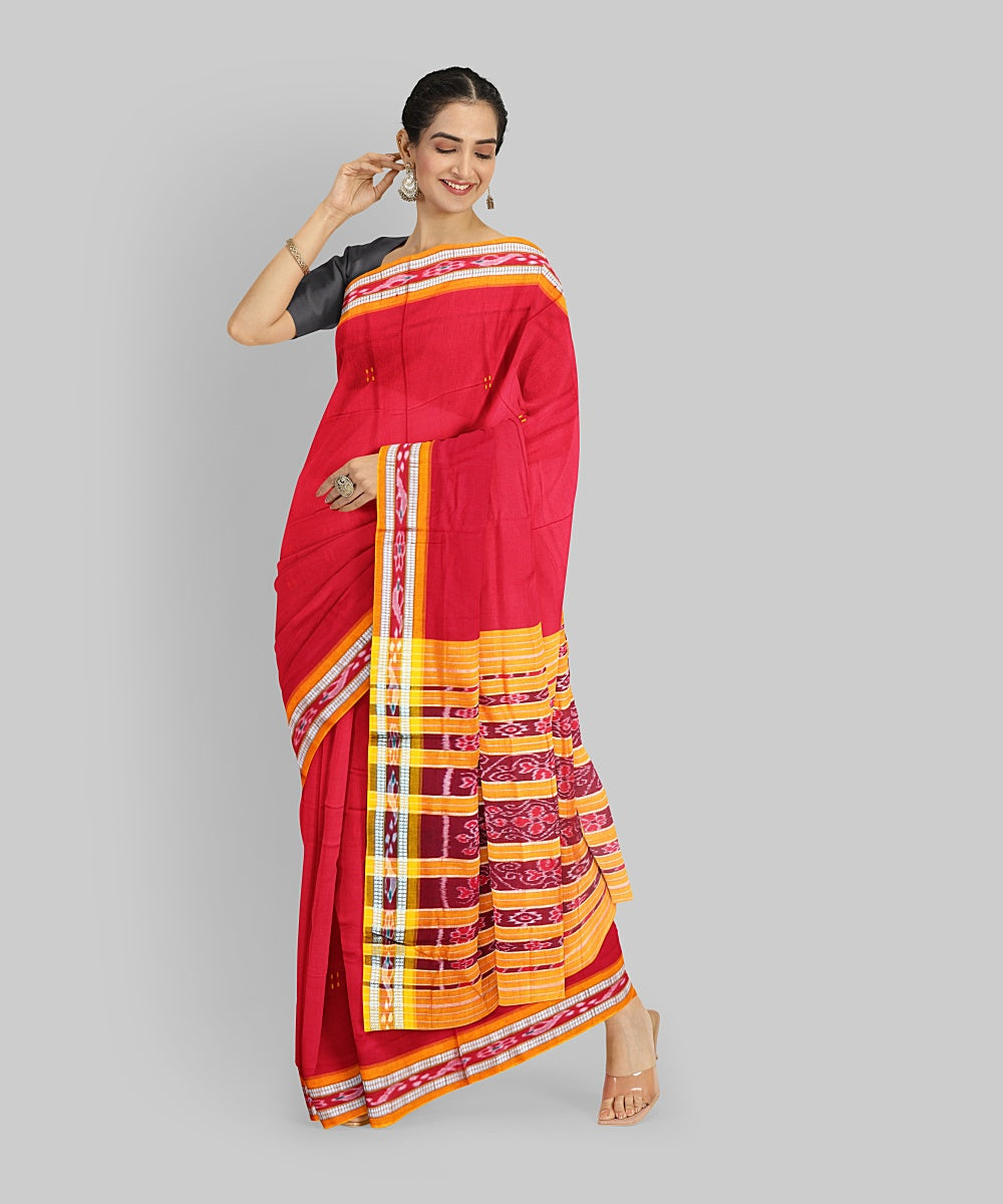 Red Orange Cotton Handloom Nuapatna Saree