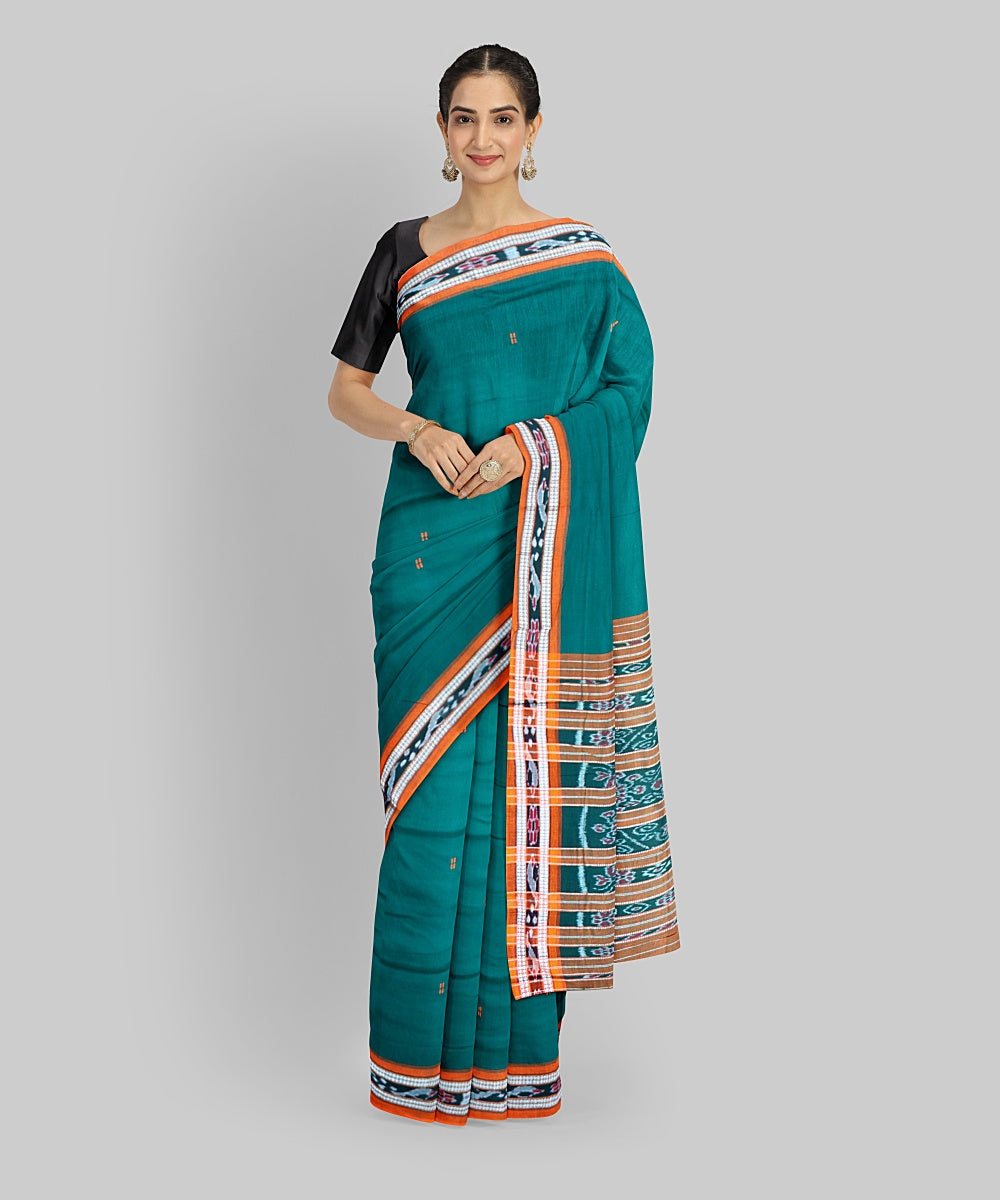 Dark Green Orange Cotton Handloom Nuapatna Saree