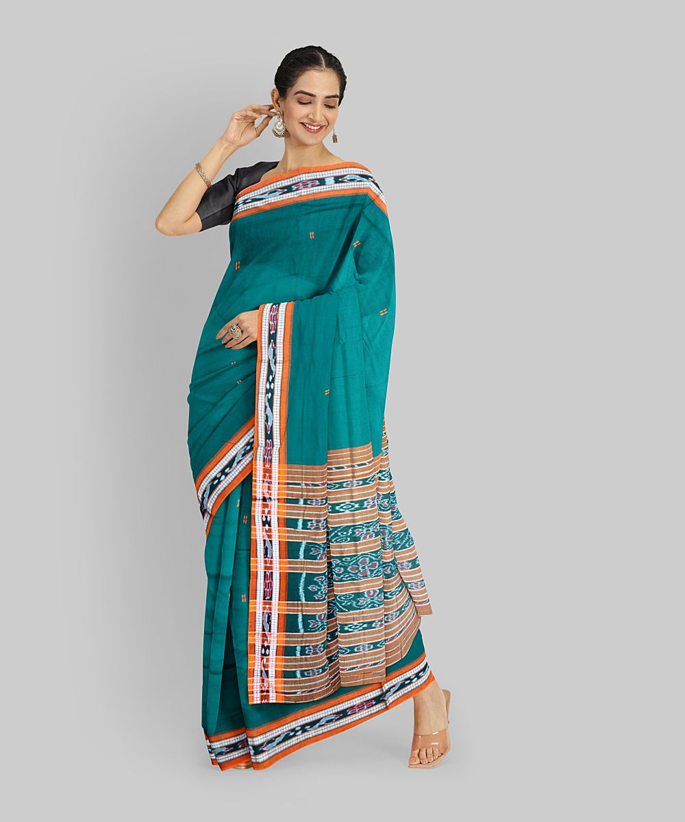 Dark Green Orange Cotton Handloom Nuapatna Saree