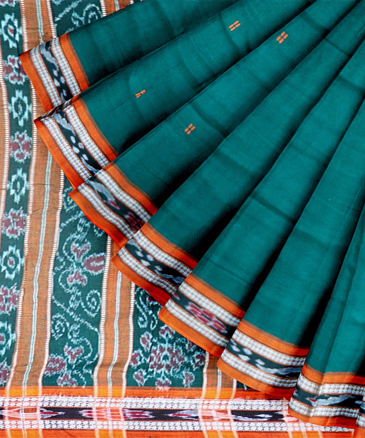 Dark Green Orange Cotton Handloom Nuapatna Saree