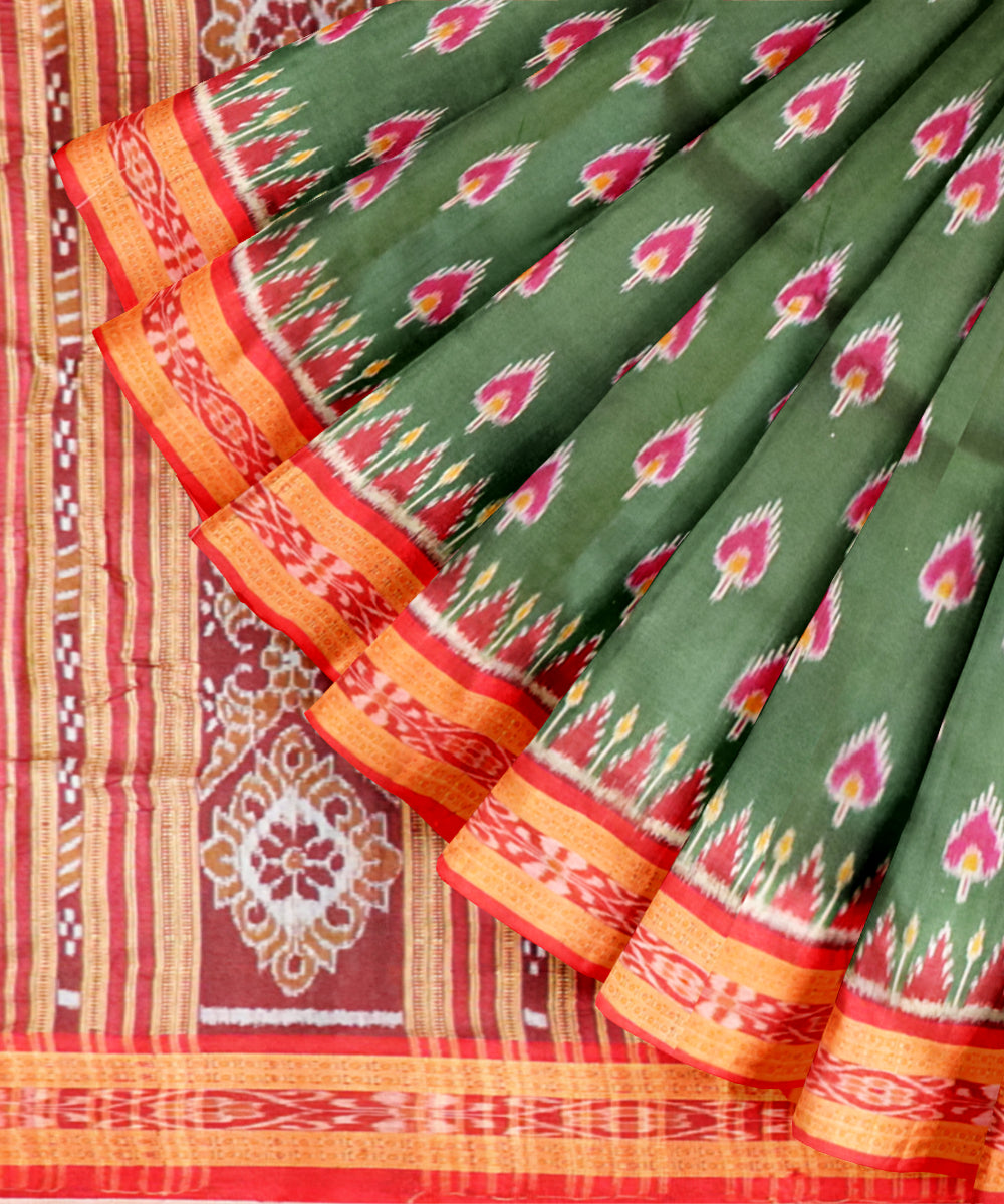 Deep moss green dark red silk handloom khandua saree