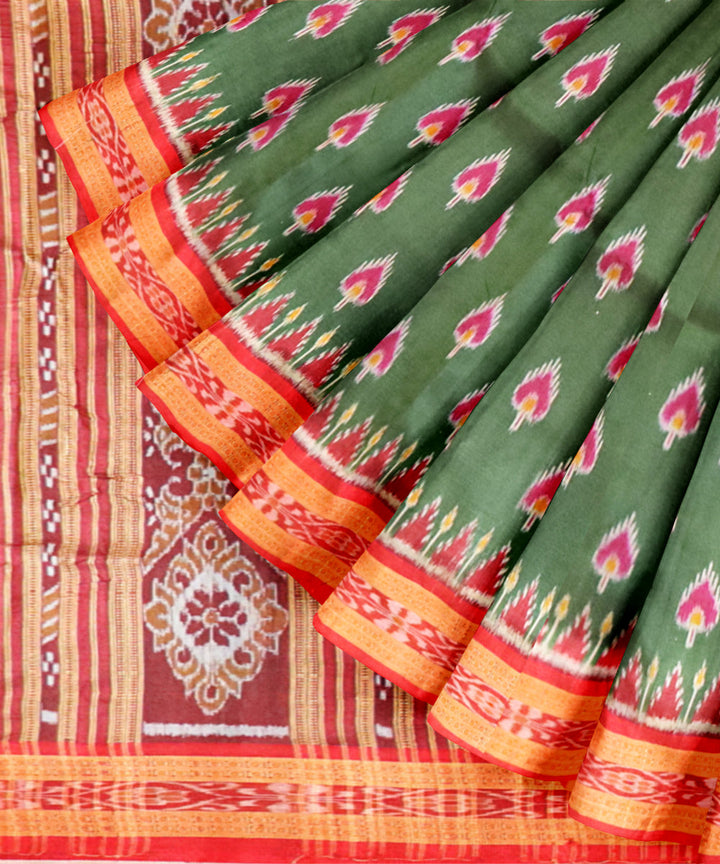 Deep moss green dark red silk handloom khandua saree