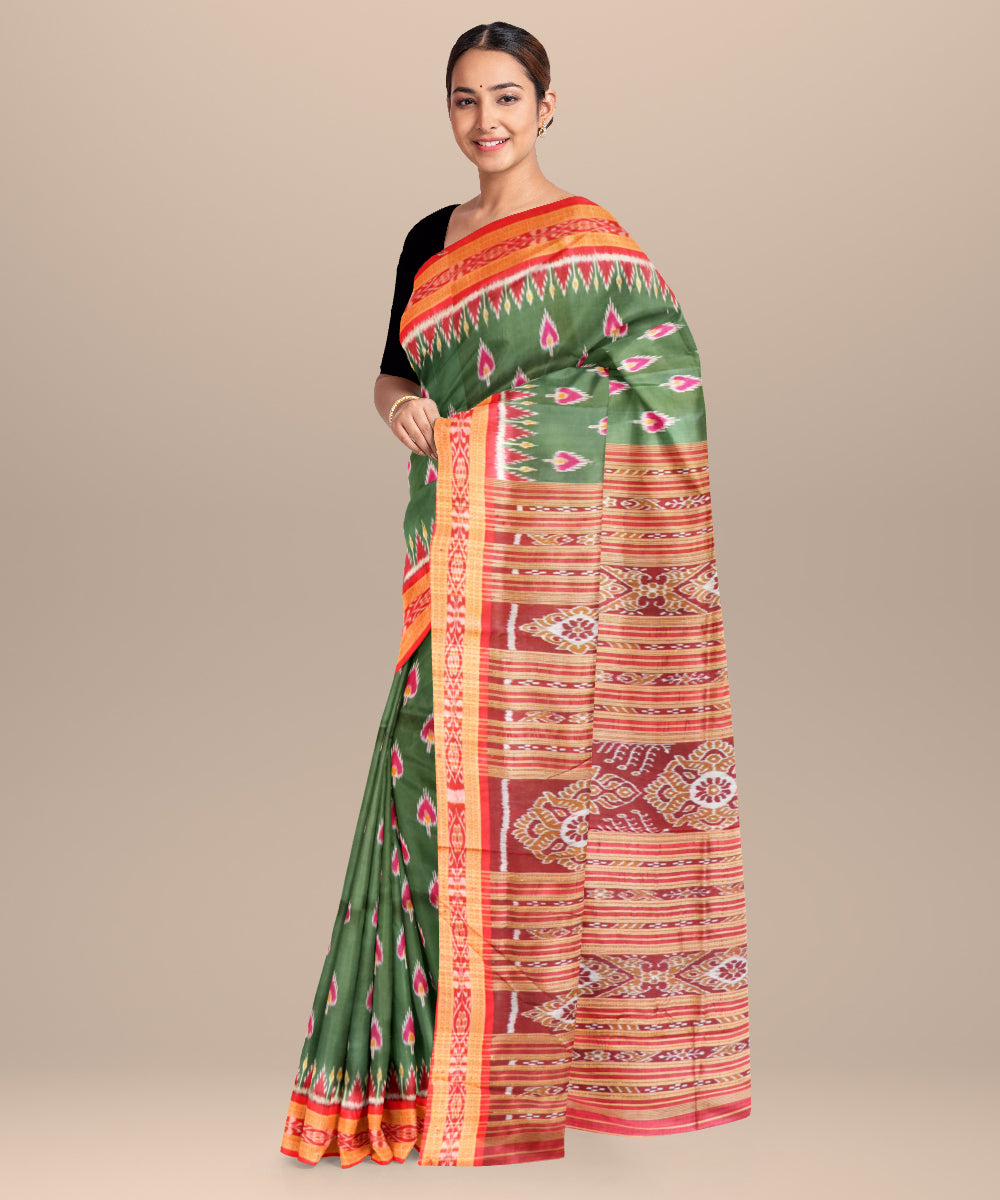 Deep moss green dark red silk handloom khandua saree