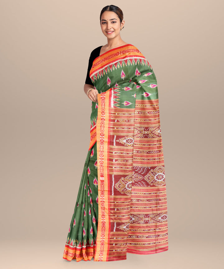 Deep moss green dark red silk handloom khandua saree
