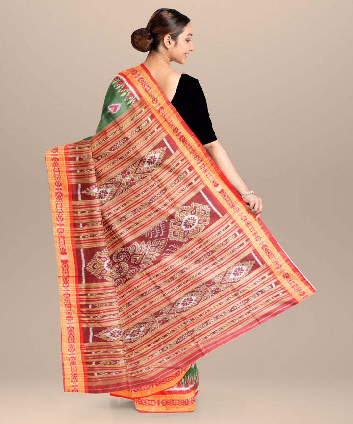Deep moss green dark red silk handloom khandua saree