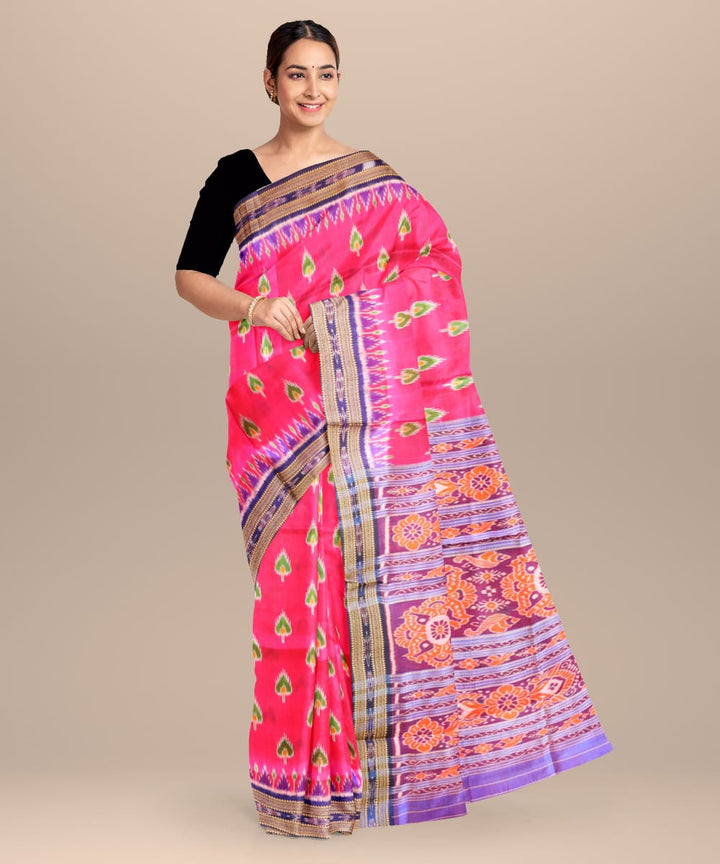 Bright Pink Dark Blue Silk Handloom Khandua Saree